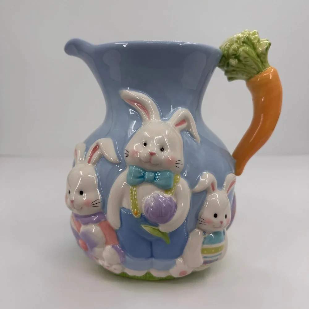 Blossoms & Blooms Easter‎ Bunny Rabbit Ceramic Pitcher Carrot Handle Blue 8